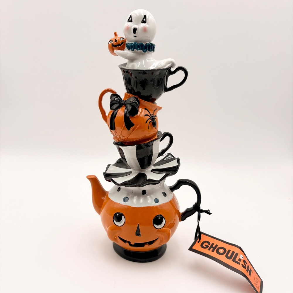 Ghoulish Halloween Stacked Ghost Pumpkin Teapot Figurine